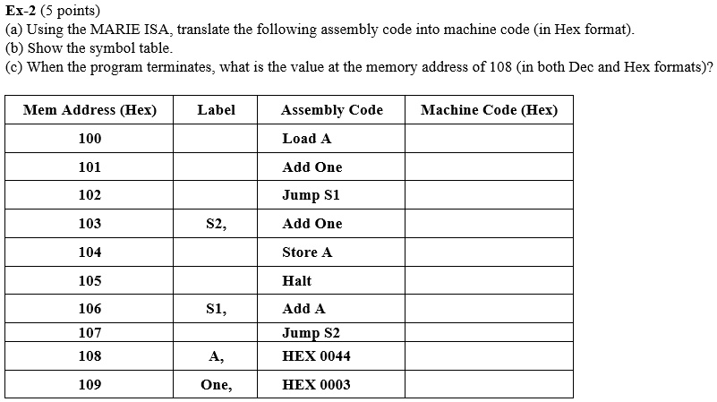 SOLVED: (a) Using the MARIE ISA, translate the following assembly code ...
