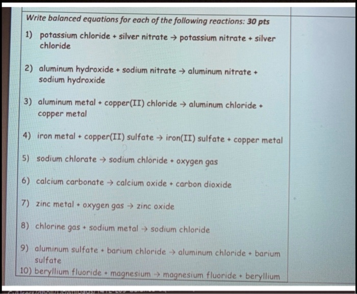 SOLVED Write balanced equations for each of the following reactions