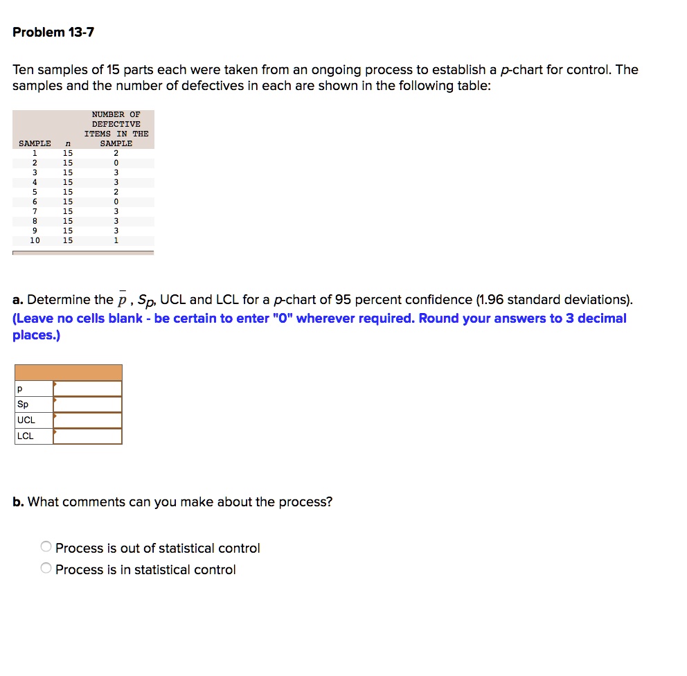 Problem 13-7 Ten samples of 15 parts each were taken from an ongoing ...