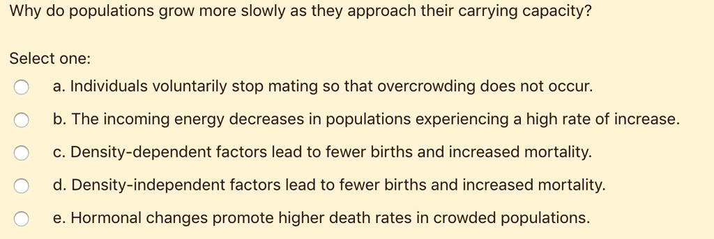 Why do populations grow more slowly as they approach their carrying capacity?

Select one:
a. Individuals voluntarily stop mating so that overcrowding does not occur.
b. The incoming energy decreases in populations experiencing a high rate of increase.
c. Density-dependent factors lead to fewer births and increased mortality.
d. Density-independent factors lead to fewer births and increased mortality.
e. Hormonal changes promote higher death rates in crowded populations.