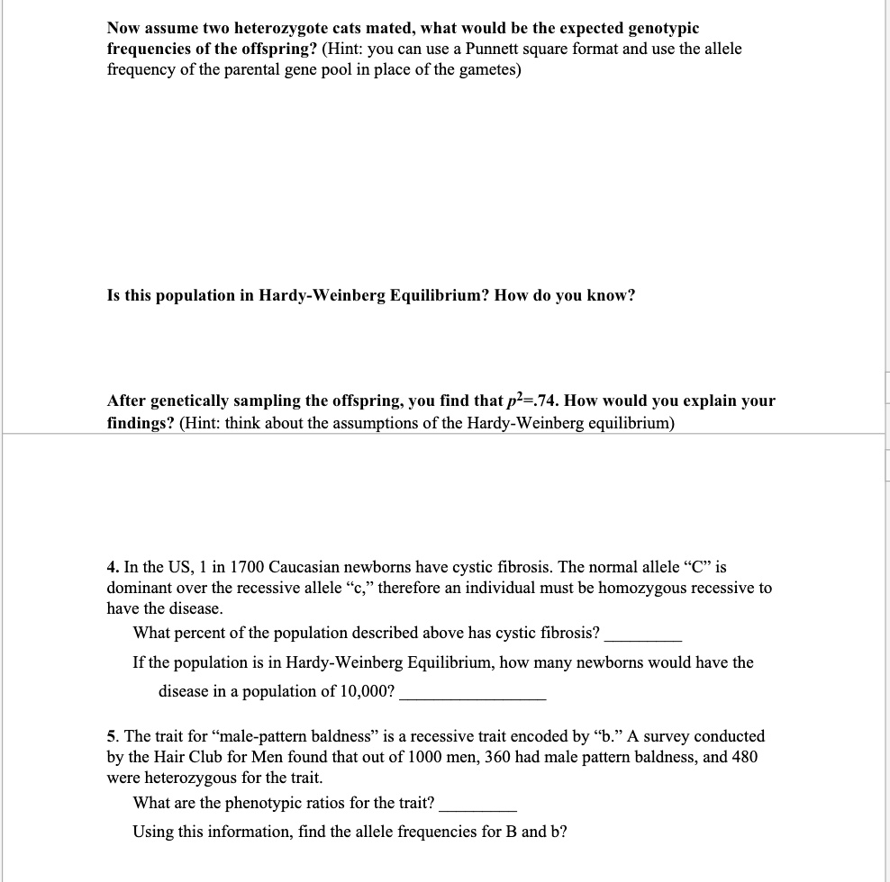 Now assume two heterozygote cats mated, what would be the expected genotypic frequencies of the offspring? (Hint: you can use a Punnett square format and use the allele frequency of the parental gene pool in place of the gametes)

Is this population in Hardy-Weinberg Equilibrium? How do you know?

After genetically sampling the offspring, you find that p²=.74. How would you explain your findings? (Hint: think about the assumptions of the Hardy-Weinberg equilibrium)

4. In the US, 1 in 1700 Caucasian newborns have cystic fibrosis. The normal allele ??C?? is dominant over the recessive allele ??c,?? therefore an individual must be homozygous recessive to have the disease.
What percent of the population described above has cystic fibrosis?
If the population is in Hardy-Weinberg Equilibrium, how many newborns would have the disease in a population of 10,000?

5. The trait for ??male-pattern baldness?? is a recessive trait encoded by ??b.?? A survey conducted by the Hair Club for Men found that out of 1000 men, 360 had male pattern baldness, and 480 were heterozygous for the trait.
What are the phenotypic ratios for the trait?
Using this information, find the allele frequencies for B and b?