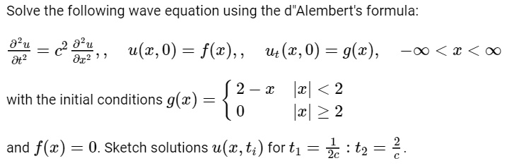 Solved Solve The Following Wave Equation Using The D Alembert S Formula 0 U Dt2 2 U Ox2 U C 0 F W Ut A 0 G X Co 1 Ixl 2 With The Initial Conditions G C