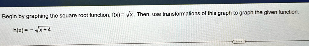 Begin by graphing the square root function, f(x) = √(x). Then, use transformations of this graph to graph the given function.
h(x) = -√(x+4)
