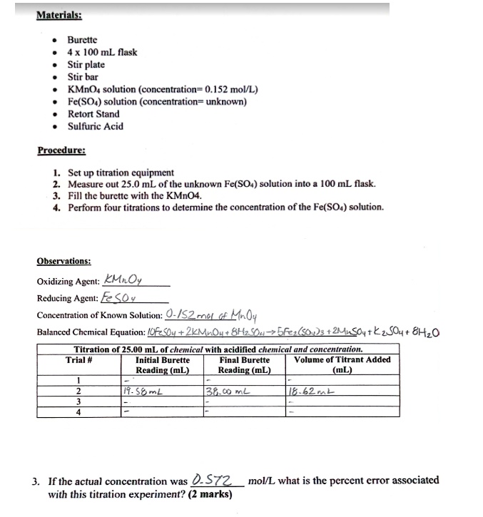 SOLVED Hey Materials Burette 4 x 100 mL flask Stir plate Stir