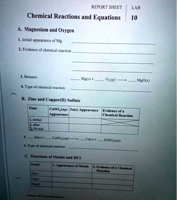 SOLVED REPORT SHEET LAB Chemical Reactions and Equations 10
