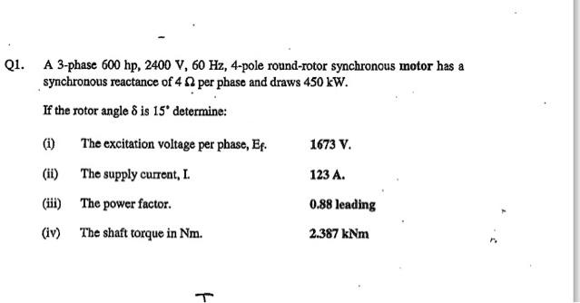 q1 a 3 phase 600 hp2400 v60 hz4 pole round rotor synchronous motor has ...