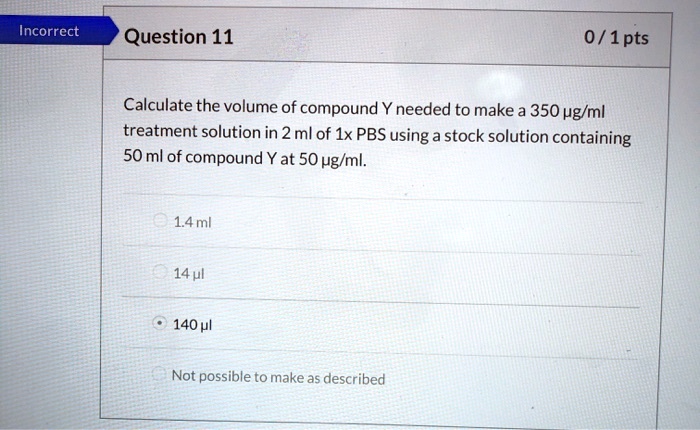 Calculate the volume of compound Y needed to make a 350 µg/ml treatment solution in 2 ml of 1x PBS using a stock solution containing 50 ml of compound Y at 50 µg/ml.

1.4 ml
14 µl
140 µl
Not possible to make as described