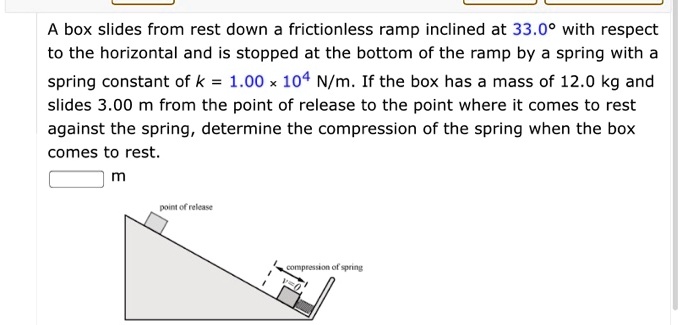 A box slides from rest down a frictionless ramp inclined at 33.0° with respect to the horizontal and is stopped at the bottom of the ramp by a spring with a spring constant of k = 1.00 × 10^4 N/m. If the box has a mass of 12.0 kg and slides 3.00 m from the point of release to the point where it comes to rest against the spring, determine the compression of the spring when the box comes to rest.