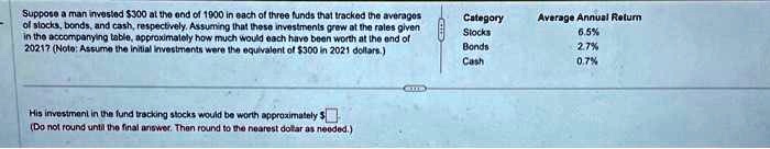Suppose a man invested 300 at the end of 1900 in each of three funds that tracked the averages of stocks, bonds, and cash, respectively. Assuming that these investments grew at the rates given in the accompanying table, approximately how much would each have been worth at the end of 2021? (Note: Assume the initial investments were the equivalent of300 in 2021 dollars.)
Category
Stocks
Bonds
Cash
Average Annual Return
6.5%
2.7%
0.7%
His investment in the fund tracking stocks would be worth approximately (Do not round until the final answer. Then round to the nearest dollar as needed.)