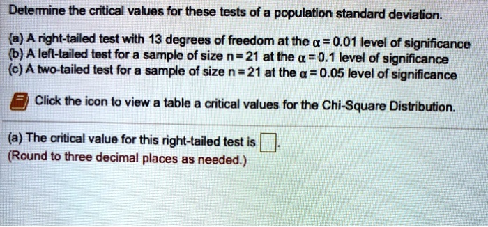 Determine the critical values for these tests of a population standard deviation.
(a) A right-tailed test with 13 degrees of freedom at the ? = 0.01 level of significance
(b) A left-tailed test for a sample of size n = 21 at the ? = 0.1 level of significance
(c) A two-tailed test for a sample of size n = 21 at the ? = 0.05 level of significance
Click the icon to view a table a critical values for the Chi-Square Distribution.
(a) The critical value for this right-tailed test is .
(Round to three decimal places as needed.)