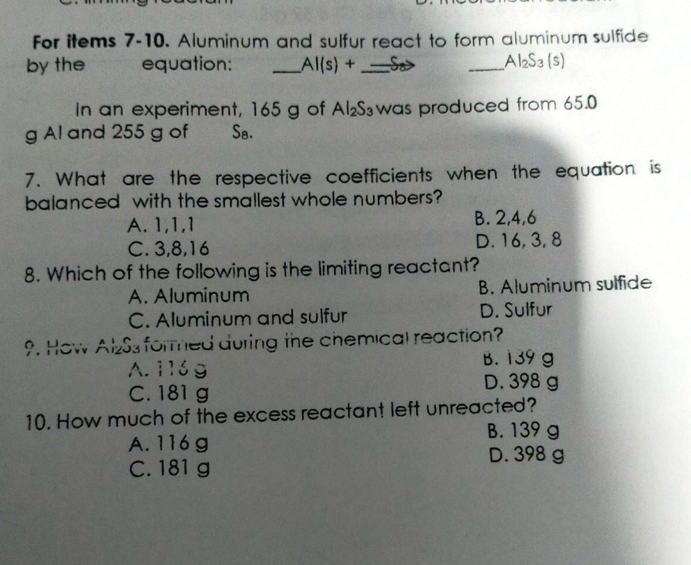 SOLVED For items 710, Aluminum and sulfur react to form aluminum