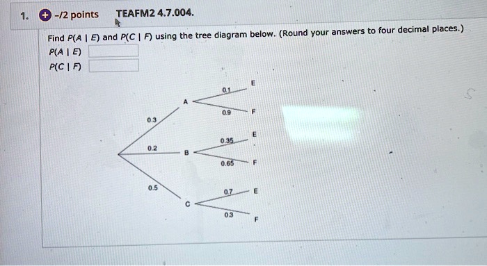 Find P(A | E) and P(C | F) using the tree diagram below. (Round your answers to four decimal places.)
P(A | E)
P(C | F)