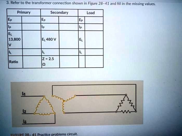 3. Refer to the transformer connection shown in Figure 28-41 and fill in the missing values.
Primary
Secondary
Load
Ep
Ip
Ep
Ip
Ep
Ip
EL
13,800
V
IL
EL 480 V
EL
IL
IL
Z = 2.5
Ratio
?
L1
L2
L3
FIGURE 28-41 Practice problems circuit.