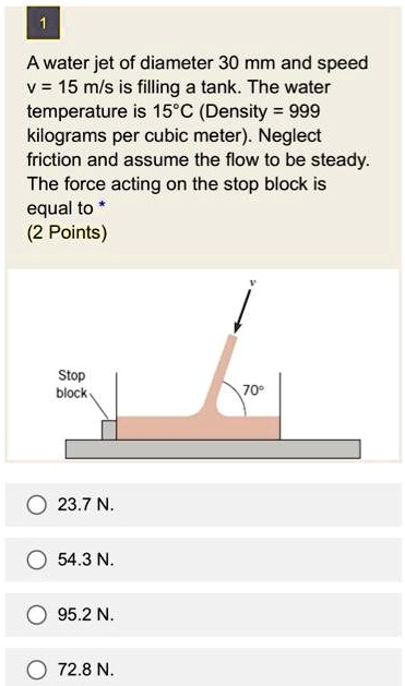 SOLVED: A water jet of diameter 30 mm and speed v = 15 mls is filling a ...