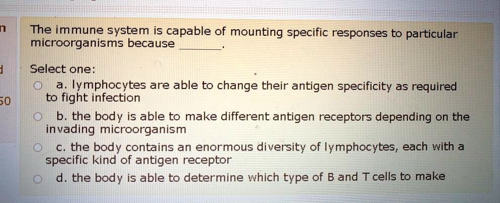 The immune system is capable of mounting specific responses to particular microorganisms because .
Select one:
a. lymphocytes are able to change their antigen specificity as required to fight infection
b. the body is able to make different antigen receptors depending on the invading microorganism
c. the body contains an enormous diversity of lymphocytes, each with a specific kind of antigen receptor
d. the body is able to determine which type of B and T cells to make