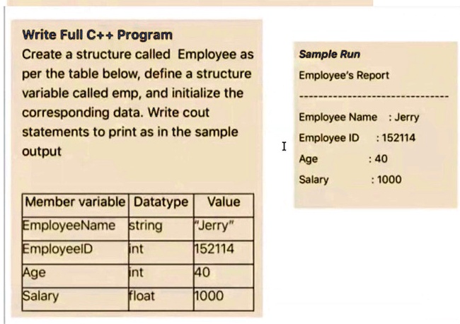 SOLVED: Write a full C++ program to create a structure called Employee ...