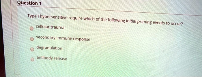 Type I hypersensitive require which of the following initial priming events to occur?
cellular trauma
secondary immune response
degranulation
antibody release