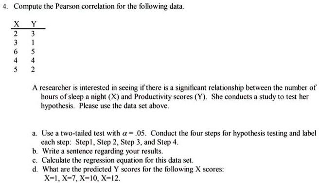 SOLVED: Compute the Pearson correlation for the following data . ; A ...