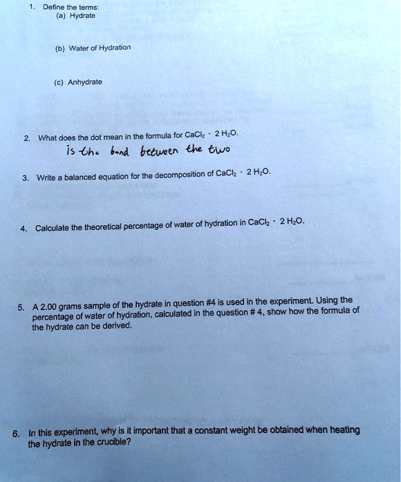 Solved Determine The Terms Hydrate Water Hydration Anhydrate What Does The Dot Mean In The 4487