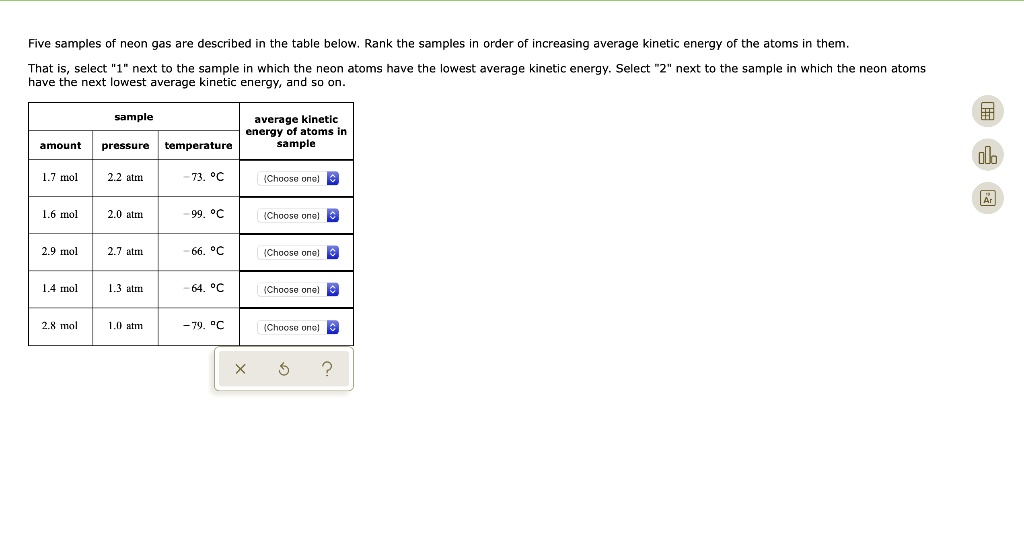 SOLVED: Five samples of neon gas are described in the table below. Rank