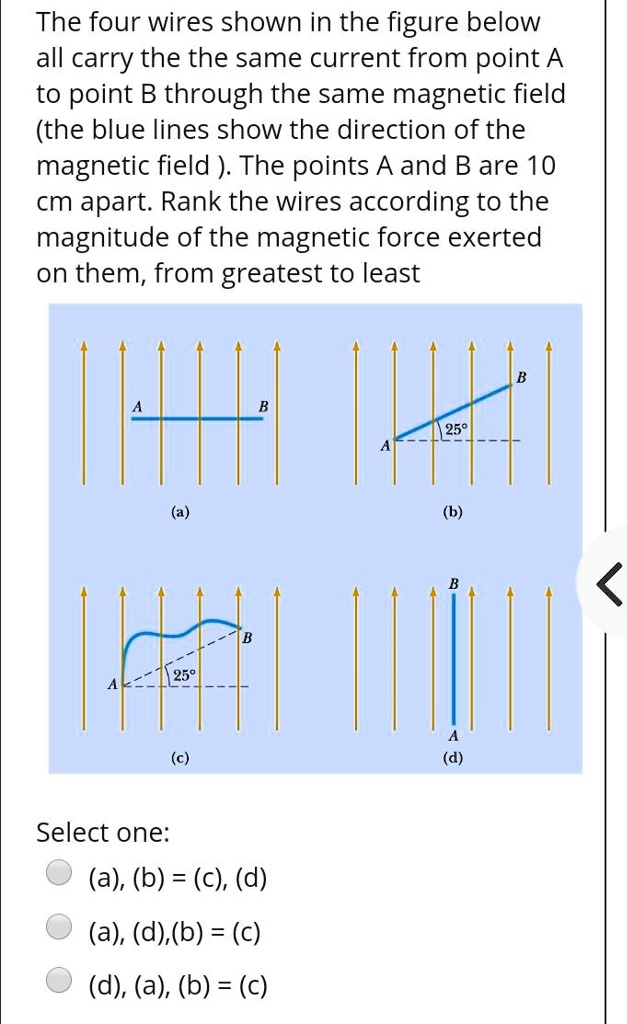 The four wires shown in the figure below all carry the the same current from point A to point B through the same magnetic field (the blue lines show the direction of the magnetic field ). The points A and B are 10 cm apart. Rank the wires according to the magnitude of the magnetic force exerted on them, from greatest to least

(a)
(b)
(c)
(d)

Select one:
(a), (b) = (c), (d)
(a), (d), (b) = (c)
(d), (a), (b) = (c)