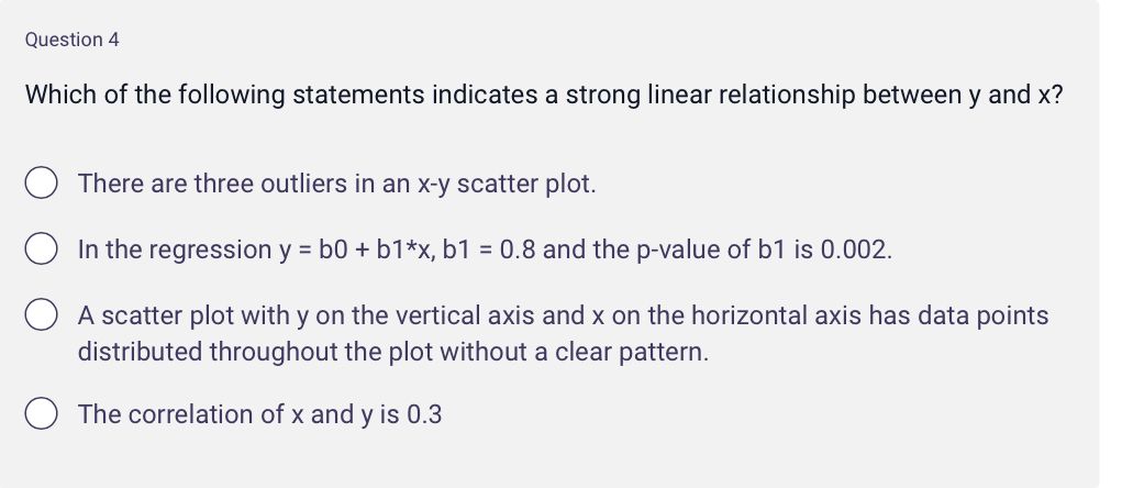 Which of the following statements indicates a strong linear relationship between y and x?

There are three outliers in an x-y scatter plot.
In the regression y = b0 + b1*x, b1 = 0.8 and the p-value of b1 is 0.002.
A scatter plot with y on the vertical axis and x on the horizontal axis has data points distributed throughout the plot without a clear pattern.
The correlation of x and y is 0.3