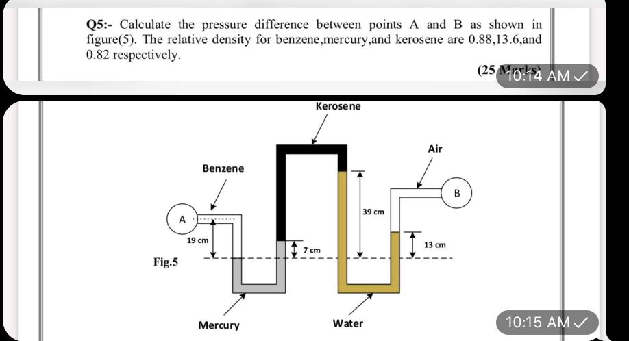 SOLVED: Q5: Calculate the pressure difference between points A and B as ...