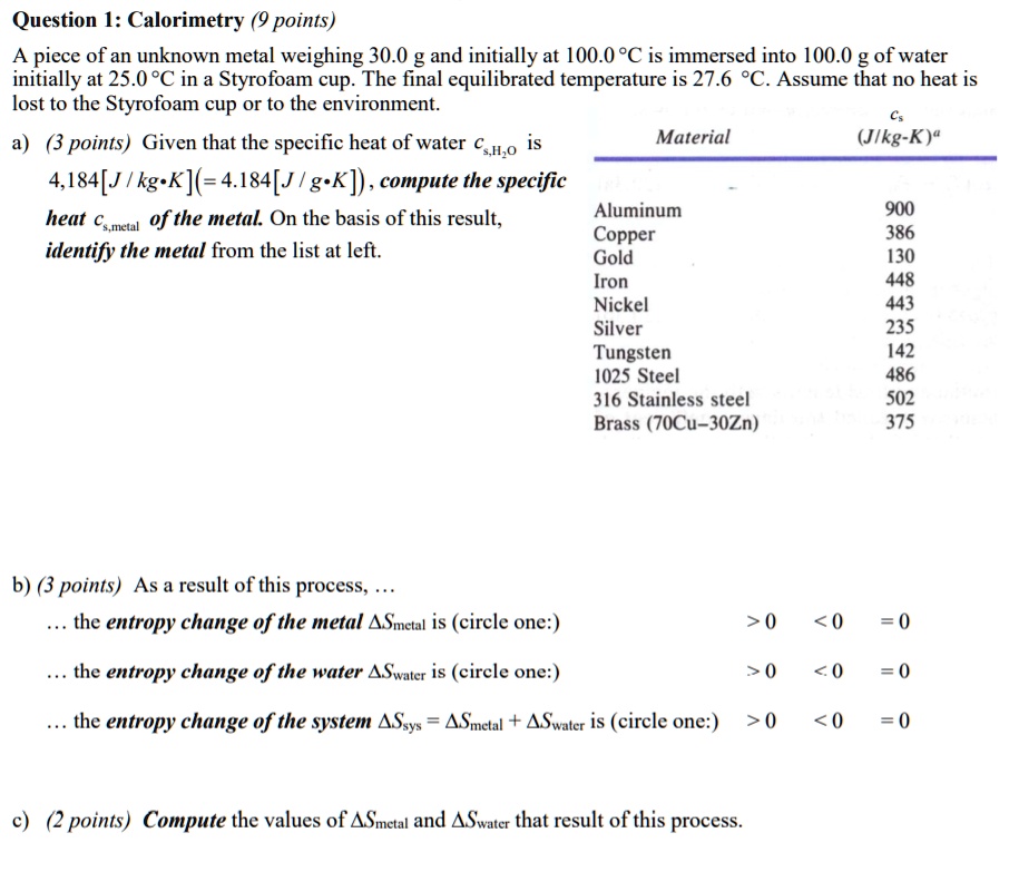 SOLVED Question I Calorimetry (3 points) A piece of an unknown metal