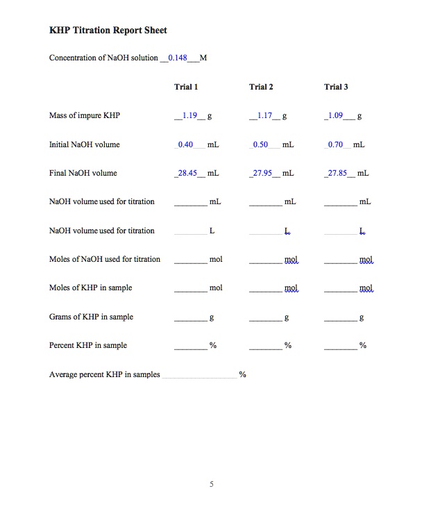 SOLVED KHP Titration Report Sheet Concentration of NaOH solution 0.148