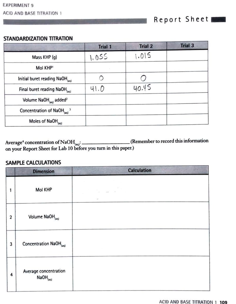 SOLVED EXPERIMENT 9 Acid and Base Titration Report Sheet