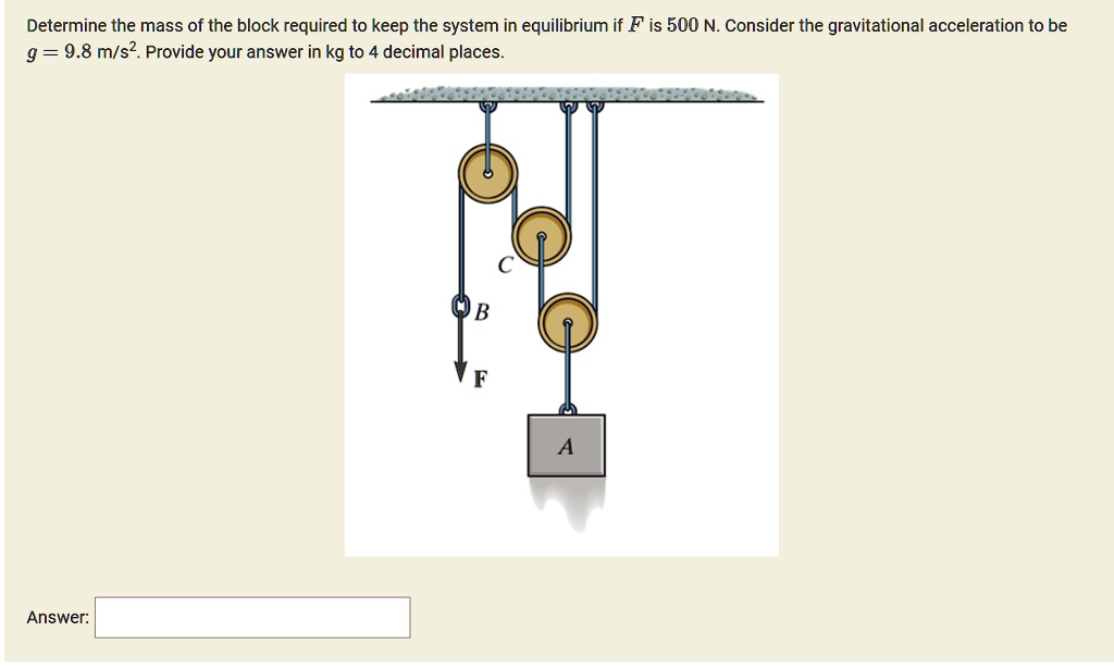Determine the mass of the block required to keep the system in equilibrium if F is 500 N. Consider the gravitational acceleration to be
g = 9.8 m/s². Provide your answer in kg to 4 decimal places.