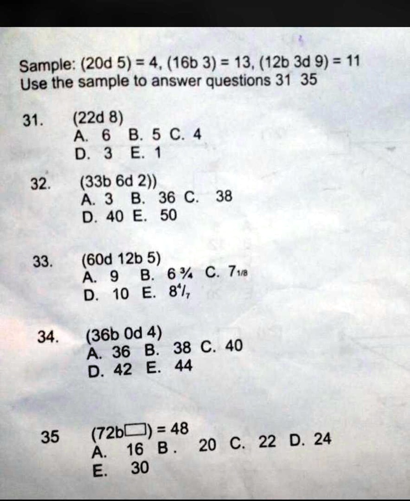 SOLVED: (2Od 5) = 4, (16b 3) = 13, (12b 3d 9) = 11. Use the sample