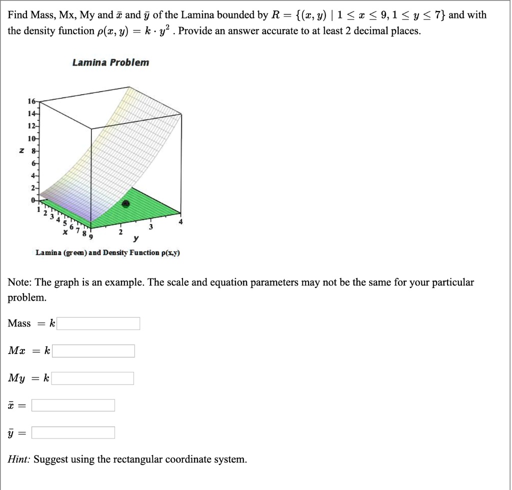 Find Mass, Mx, My and (arx) and (ary) of the Lamina bounded by R = ((x, y) mid 1 le x le 9, 1 le y le 7) and with the density function (ho(x, y) = k cdot y^2). Provide an answer accurate to at least 2 decimal places.