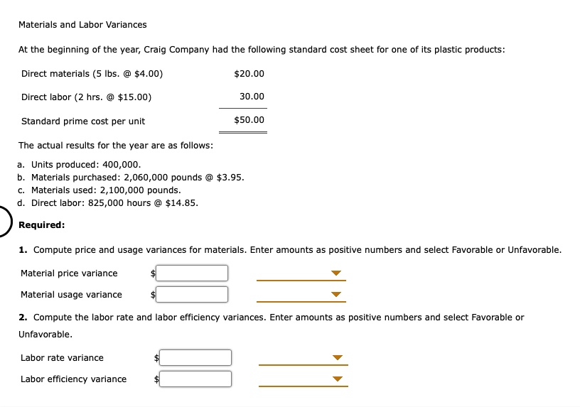 SOLVED Materials and Labor Variances Direct materials (5 Ibs. 4.00