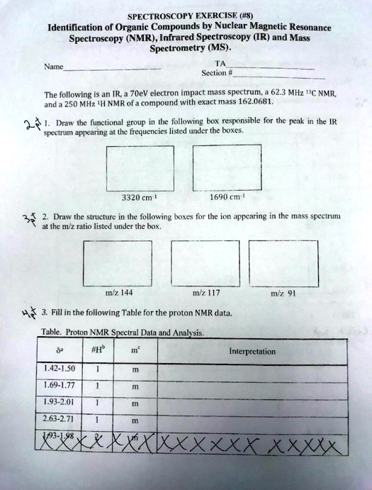 SPECTROSCOPY EXERCISE (#8)
Identification of Organic Compounds by Nuclear Magnetic Resonance
Spectroscopy (NMR), Infrared Spectroscopy (IR) and Mass
Spectrometry (MS).
Name
TA
Section #
The following is an IR, a 70eV electron impact mass spectrum, a 62.3 MHz 13C NMR,
and a 250 MHz 1H NMR of a compound with exact mass 162.0681.
1. Draw the functional group in the following box responsible for the peak in the IR
spectrum appearing at the frequencies listed under the boxes.
3320 cm-1
1690 cm-1
2. Draw the structure in the following boxes for the ion appearing in the mass spectrum
at the m/z ratio listed under the box.
m/z 144
m/z 117
m/z 91
3. Fill in the following Table for the proton NMR data.
Table. Proton NMR Spectral Data and Analysis.
?a
#Hb
mc
Interpretation
1.42-1.50
1
m
1.69-1.77
1
m
1.93-2.01
1
m
2.63-2.71
1
m