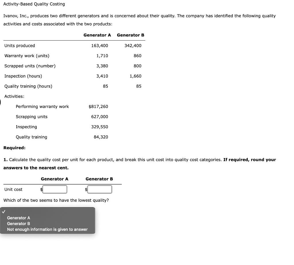 Activity-Based Quality Costing Ivanov, Inc. Produces Two Different ...