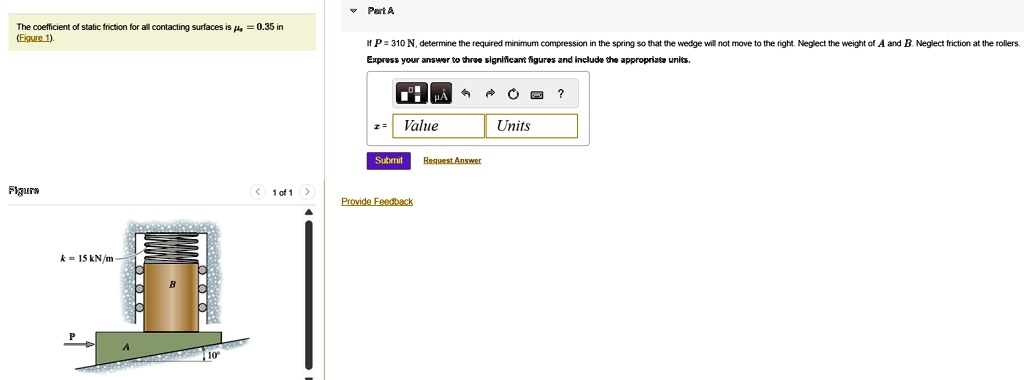 the coefficient of static friction for all contacting surfaces is mus 035 figure 1 figure k 15 knm part a if p 310 n determine the required minimum compression in the spring so that the wed 07054