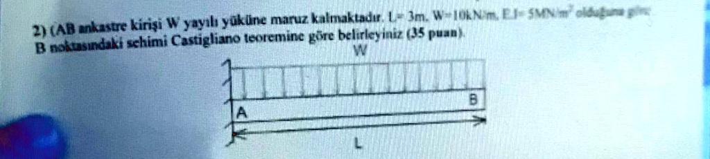 2 ab ankastre kirisi w yayl yukune maruz kalmaktadr l 3m w10knm ei 5mnm2 olduguna gore b noktasndaki sehimi castigliano teoremine gore belirleyiniz 35 puan w a b l 33939