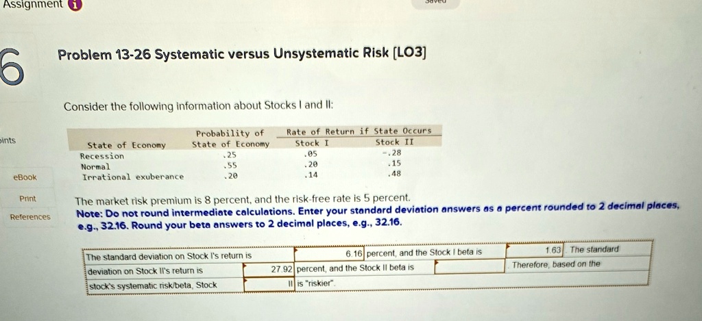 problem 13 26 systematic versus unsystematic risk lo3 consider the following information about stocks i and ii state of economy probability of state of economy rate of return if state occurs 41093