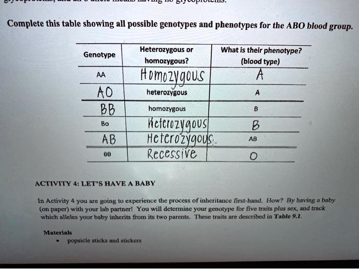 SOLVED Complete This Table Showing All Possible Genotypes And Phenotypes For The ABO Blood