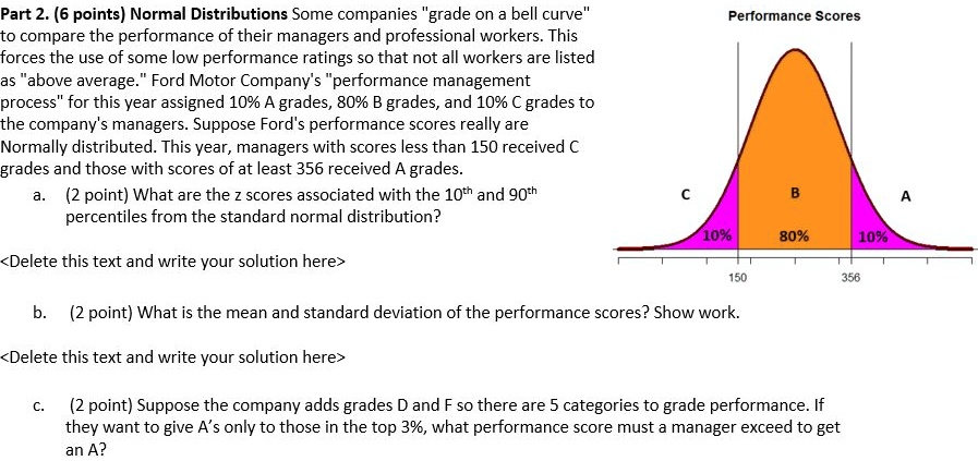 Part 2. (6 points) Normal Distributions Some companies "grade on a bell curve" to compare the performance of their managers and professional workers. This forces the use of some low performance ratings so that not all workers are listed as "above average." Ford Motor Company's "performance management process" for this year assigned 10% A grades, 80% B grades, and 10% C grades to the company's managers. Suppose Ford's performance scores really are Normally distributed. This year, managers with scores less than 150 received C grades and those with scores of at least 356 received A grades.

a. (2 point) What are the z scores associated with the 10th and 90th percentiles from the standard normal distribution?

b. (2 point) What is the mean and standard deviation of the performance scores? Show work.

c. (2 point) Suppose the company adds grades D and F so there are 5 categories to grade performance. If they want to give A's only to those in the top 3%, what performance score must a manager exceed to get an A?