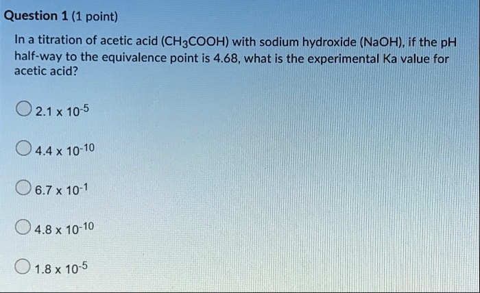 SOLVED: Question 1 (1 point) In a titration of acetic acid (CH3COOH ...