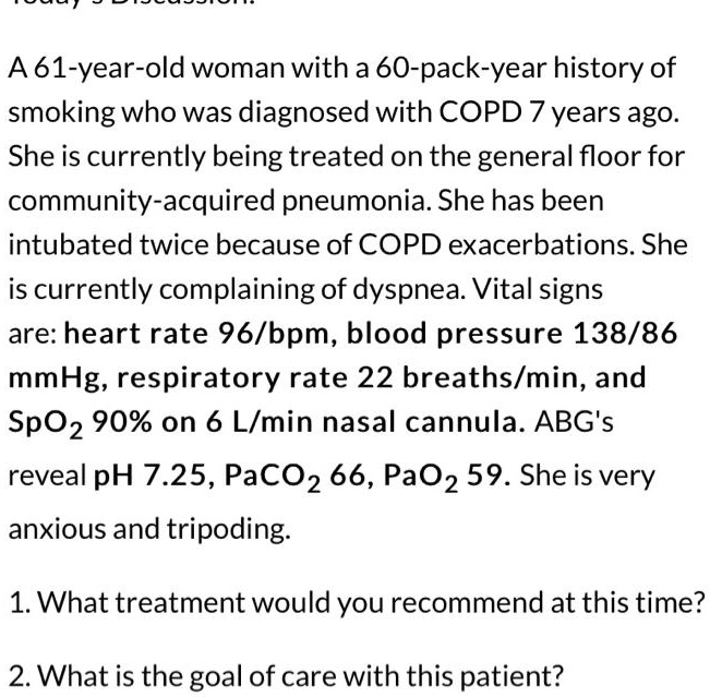 A 61-year-old woman with a 60-pack-year history of smoking who was ...