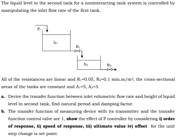 The liquid level in the second tank for a noninteracting tank system is controlled by manipulating the inlet flow rate of the first tank.

Fi
hi
R1
h2
R2

All of the resistances are linear and R1=0.05, R2=0.1 min.m/m³; the cross-sectional areas of the tanks are constant and A1=5, A2=3.
a. Derive the transfer function between inlet volumetric flow rate and height of liquid level in second tank, find natural period and damping factor.
b. The transfer function of measuring device with its transmitter and the transfer function control valve are 1, show the effect of P controller by considering i) order of response, ii) speed of response, iii) ultimate value iv) offset for the unit step change is set point.