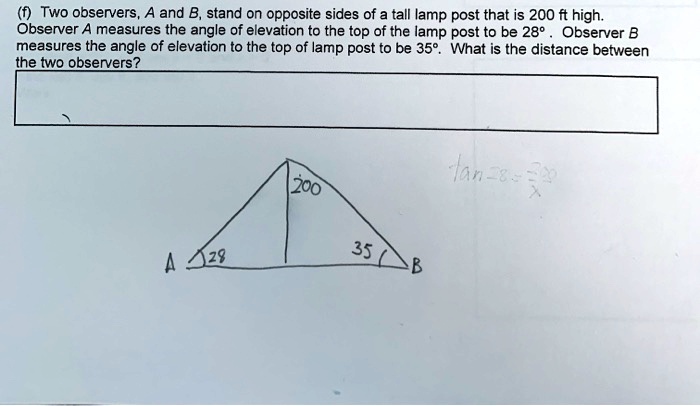 (f) Two observers, A and B, stand on opposite sides of a tall lamp post that is 200 ft high. Observer A measures the angle of elevation to the top of the lamp post to be 28°. Observer B measures the angle of elevation to the top of lamp post to be 35°. What is the distance between the two observers?