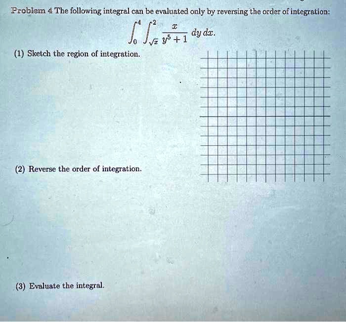 Problem 4 The following integral can be evaluated only by reversing the order of integration: 
    ∫0^4 ∫0^√(x)(x)/(y^5 + 1) dy dx.
 (1) Sketch the region of integration. (2) Reverse the order of integration. (3) Evaluate the integral.