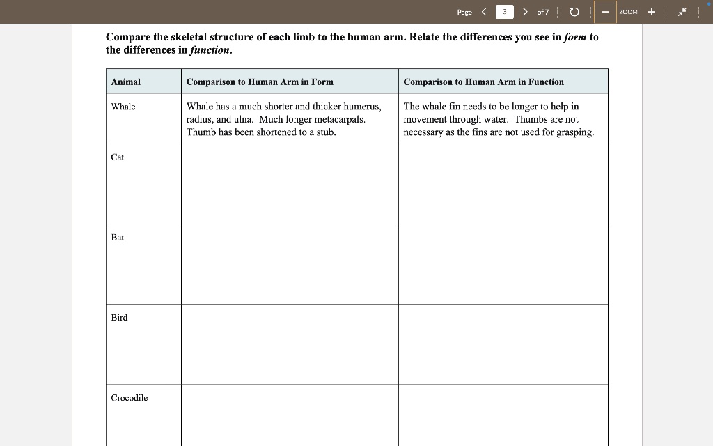 SOLVED: Page 1 of 7 ZOOM Compare the skeletal structure of each limb to