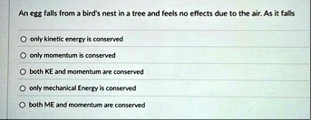 an egg falls from a birds nest in a tree and feels no effects due to the air as it falls only kinetic energy is conserved only momentum is conserved both ke and momentum are conserved only m 83836