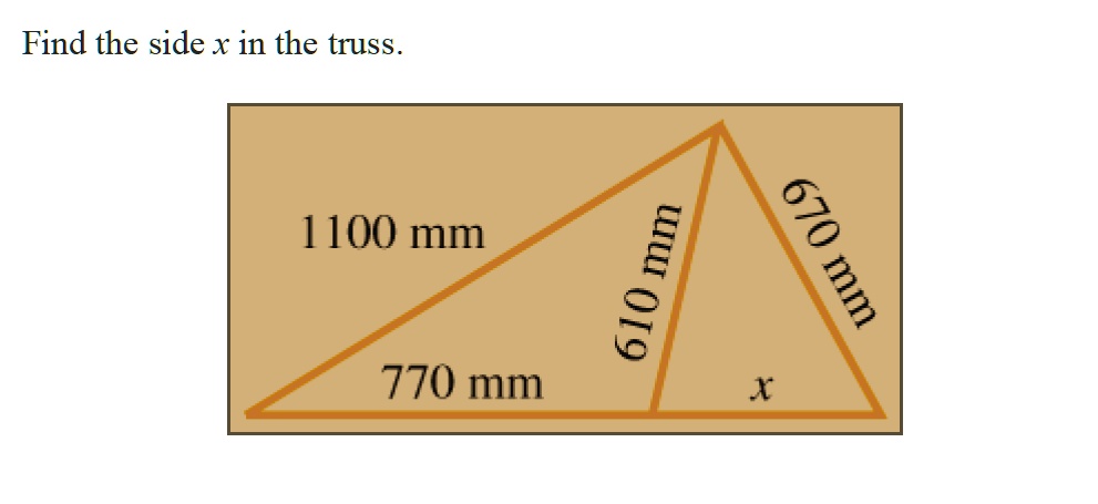 find the side x in the truss 1100 mm 1 3 8 1 770 mm x 68635