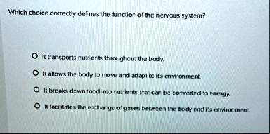 which choice correctly defines the function of the nervous system it transports nutrients throughout the body it allows the body to move and adapt to its environment it breaks down food into 43216